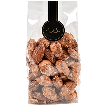 Honningristede saltmandler i pose med lang label